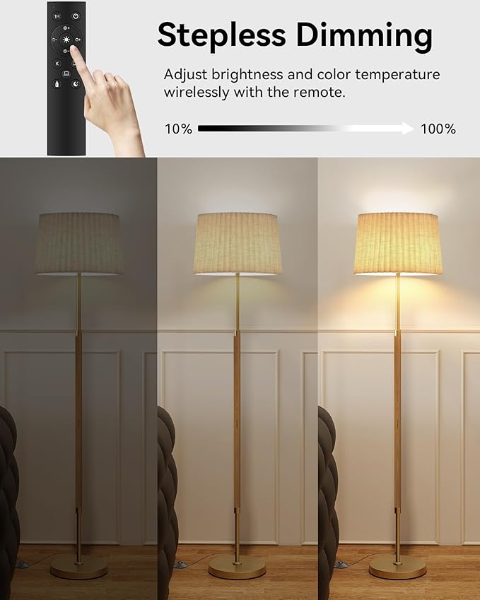 JOOFO Mid-Century Modern Wood Floor Lamp with Dual Fabric Shade, Remote Control, Dimmable & Adjustable Color Temperature, Reading & Living Room Lamp, Easy Clean Cover, Foot Switch,Natural Wood