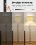 JOOFO Mid-Century Modern Wood Floor Lamp with Dual Fabric Shade, Remote Control, Dimmable & Adjustable Color Temperature, Reading & Living Room Lamp, Easy Clean Cover, Foot Switch,Natural Wood