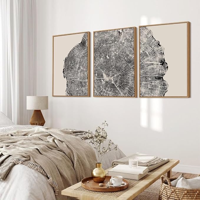 CHDITB Framed Tree Ring Wall Art Set of 3, 24"x36" Abstract Wood Stump Wall Decor, Large Black and White Wall Painting, Neutral Modern Nature Canvas Art Prints for Living Room, Bedroom, Farmhouse