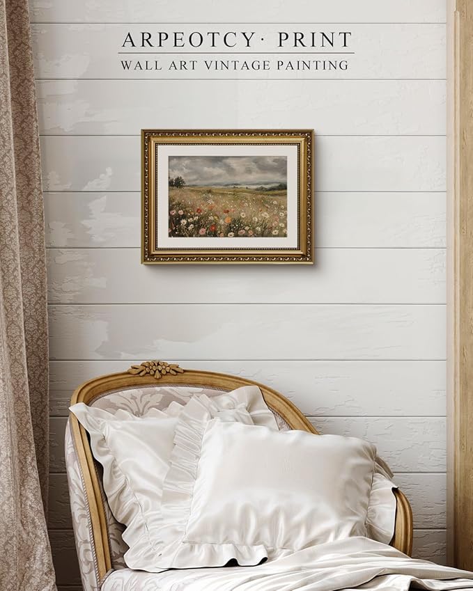 ARPEOTCY Vintage Gold Framed Wall Art Decor, 11x14 Inch Dreamy Wildflower Picture, Retro Farmhouse Landscape Wall Art for Living Room Bedroom, Rustic Bathroom Decor Aesthetic