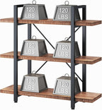 HSH Solid Real Wood Bookshelf, 3 Tier Rustic Vintage Industrial Book Shelf, Small Short Etagere Natural Wooden Bookcase, Open Metal Farmhouse Solid Wood Book Shelf, Distressed Brown