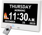 7'' Dementia Clock For Seniors, Large Display Digital Clock With Date, Time, Day Of Week for Elderly, Alzheimer, 1024*600P HD, 10 Reminders & 8 Alarms, Auto Dimming & DST, Remote Control, White