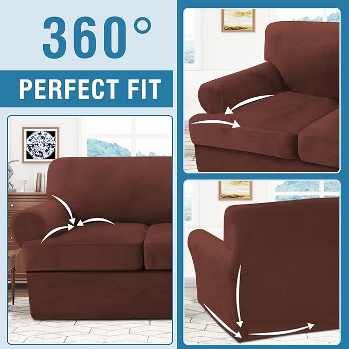 H.VERSAILTEX Sofa Cover 3 Piece T Cushion Loveseat Slipcovers Thick Velvet Couch Cover Stretch T Cushion Sofa Covers for 2 Cushion Couch with 2 Individual T Cushion Covers, Burnt Brick