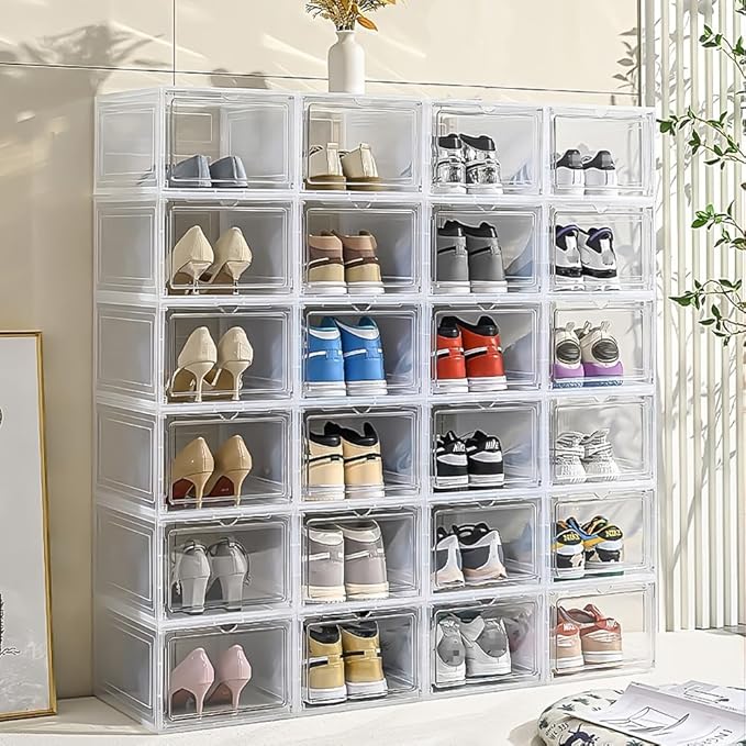 10-pack transparent acrylic shoe boxes, stackable and foldable storage boxes with magnetic snaps, suitable for sneakers, bedroom, dormitory storage, transparent color.
