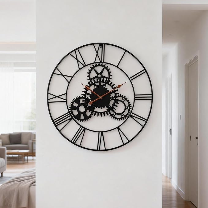 Steampunk Wall Clock 24 Inch, Industrial Metal Gears with Roman Numerals, Retro Distressed Finish Mechanical Art for Bar, Living Room, Cafe Decor