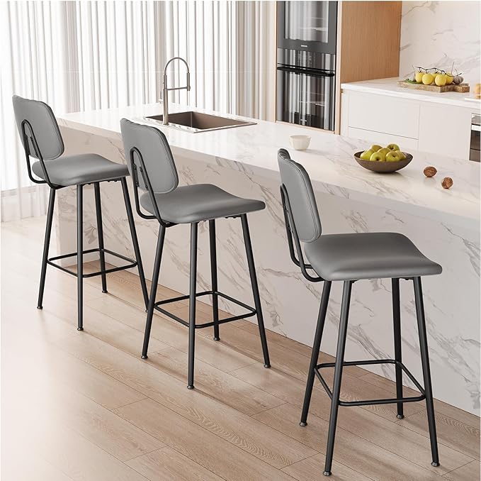 29-Inch Leather Bar Stools Set of 2, Counter Height Barstools with High Backrest，Bar Chairs for Kitchen Island with Heavy Duty Metal Base, Gray