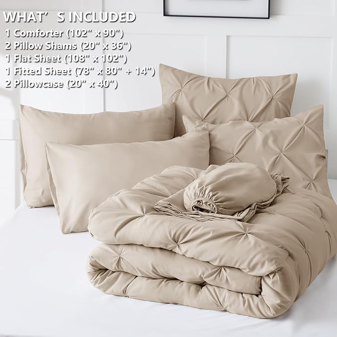 CozyLux King Size Comforter Set Wheat, 7 Pieces Pintuck Bed in A Bag Wheat Comforter King Size, Pinch Pleat Bedding Set with All Season Comforter, Sheets, Pillowcases & Shams