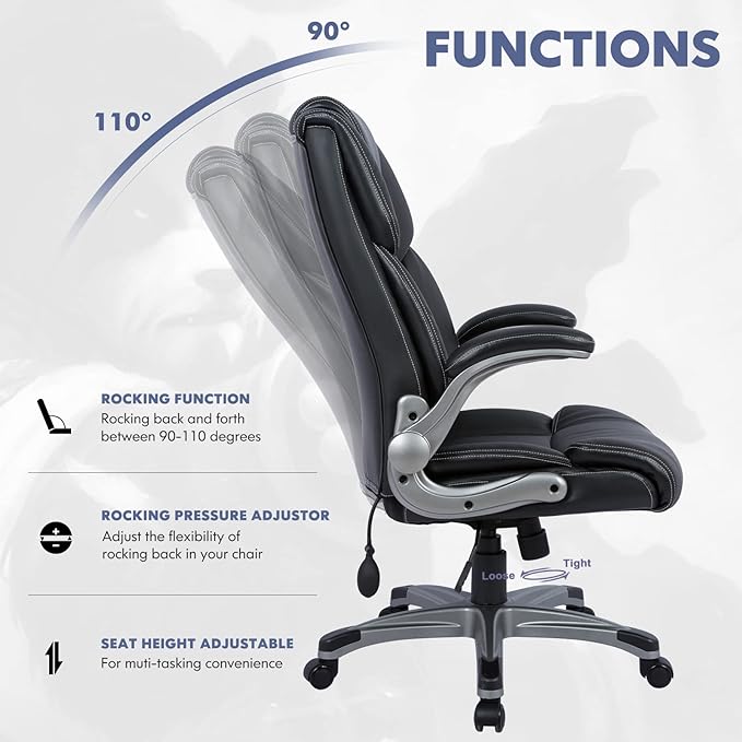 COLAMY Leather Executive Office Chair- High Back Home Computer Desk Chair with Padded Flip-up Arms, Adjustable Tilt Lock, Swivel Rolling Ergonomic Chair for Adult Working Study-Black, Set of 2