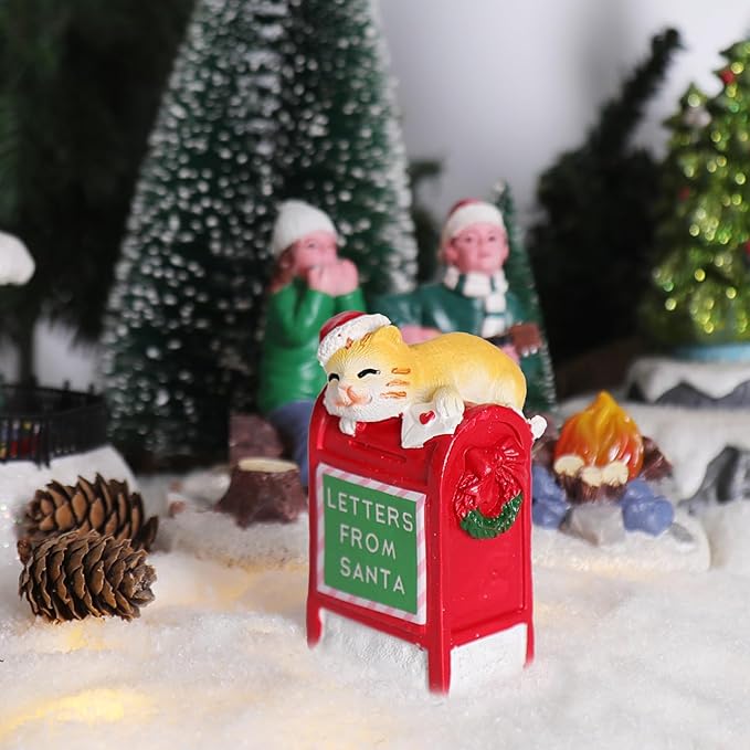 NINIPAPA Christmas Village Accessories Santa's Mailbox Villages Sets for Christmas Decoration Cute Cat Send Letter to Santa Resin Christmas Ornaments