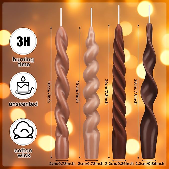 Nuanchu 4 Pcs 7.87 Inch Twisted Taper Candles Wax Unscented Smokeless Spiral Swirl Candlesticks for Wedding Holiday Dinner Party Home Decorations(Neutral)