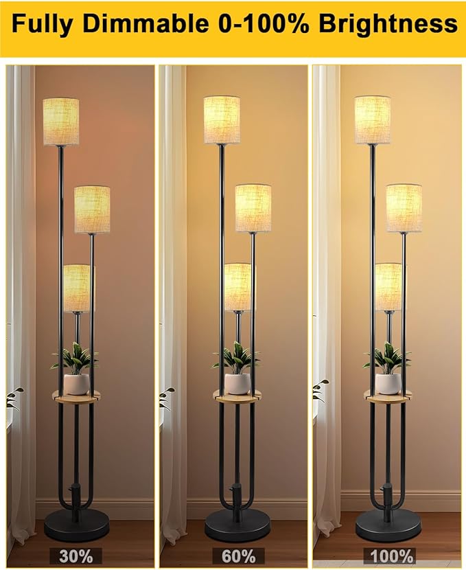 Lightdot 64Inch Floor Lamp with Table Dimmable Black Floor Lamp for Living Room 3 Lights Mid Century Modern Tall Standing Lamp with Fabric Shade for Bedroom/Sofa Beside/Corner Decor(Bulbs Included