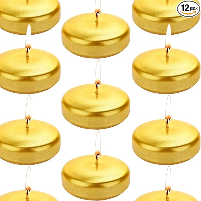 Floating Candles 3 inch Unscented and Non-Dripless Wax Burning for 13-15 Hours, 12 Pack Gold Floating Candles Used for Cylindrical Vases, Centerpieces at Parties Wedding and Home Decorations