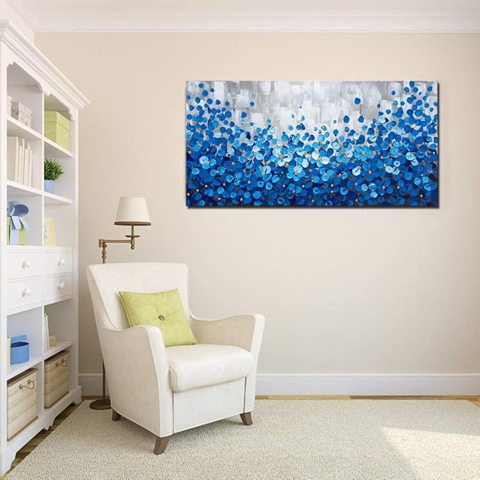 MyArton Textured Blue Flowers Canvas Wall Art Hand Painted Modern Decoration Oil Painting Picture Framed Ready to Hang 48x24inch