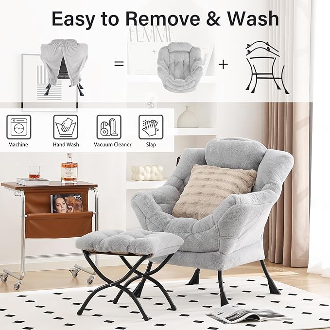 Lazy Chair with Ottoman, Large Light Grey Lounge Accent Chair with Ottoman and FA Throw Pillow, Comfy Plush Reading Chair for Living Room Bedroom Dorm Room Office Apartment Relaxing Use