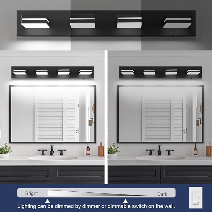 Bathroom Vanity Lighting Fixtures Over Mirror (4-Light, 30-Inch) Dimmable Modern LED Bathroom Wall Lighting Fixtures, Matte Black (3000K/3500K/4000K/5000K/6000K)