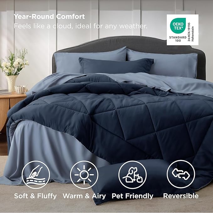 Bedsure King Comforter Set - 7 Pieces Reversible Navy Blue Bedding, King Size Bed Set for All Seasons, Bed in a Bag with Down Alternative Comforter, Sheets, Pillowcases & Shams
