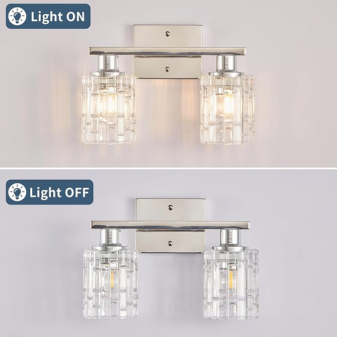 2 Light Silver Chrome Bathroom Vanity Light Over Mirror, Modern Vanity Lighting with Crystal Glass Shade, Wall Mount Bathroom Light Fixtures, E26 Base