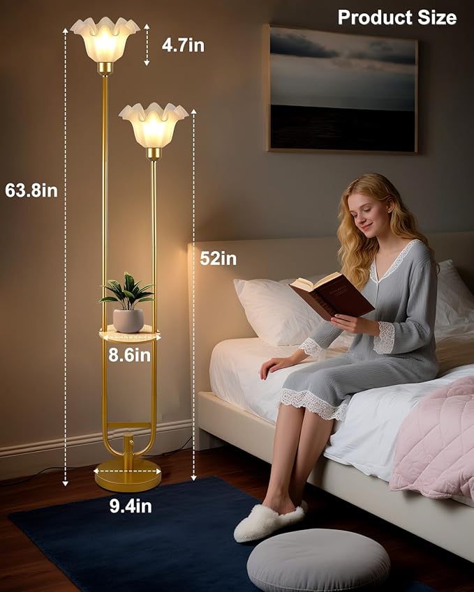 Dimmable Flower Floor Lamps with Table, 2-Lights Dimmable Floral Floor Lamp, 3000K Warmwhite Candle Holder Style Modern Floor Lamp, Rustic Gold Standing Lamp for Living Room Bedroom