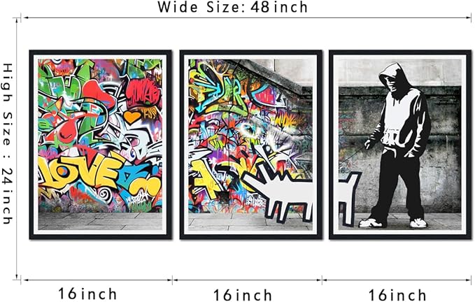 Novatique Banksy Wall Art Colorful Canvas Living Room Wall Decor Street Graffiti Art Picture Print Framed for Bedroom Ready to Hang,16" x 24" x 3pcs