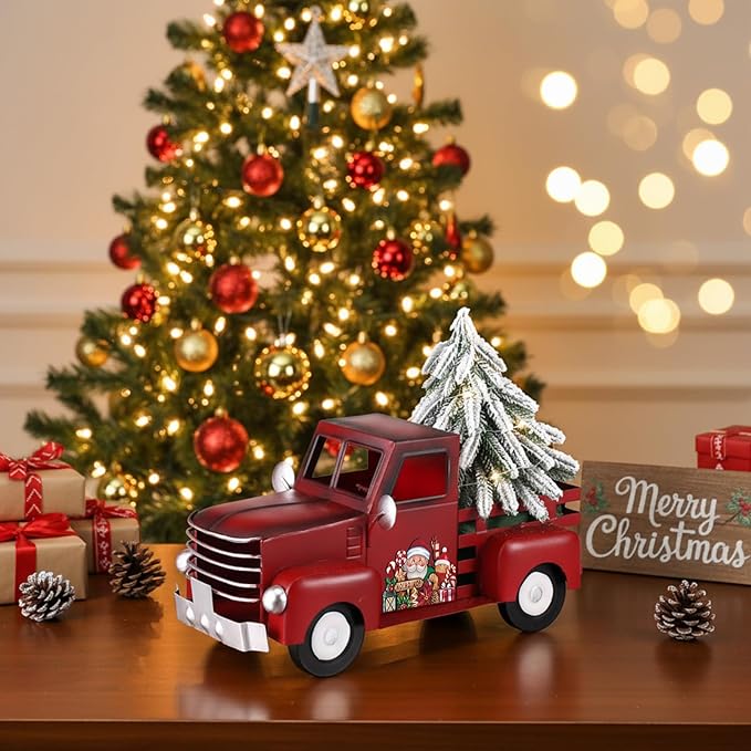 Valentines Day Truck Decor 12.2 Inch Farmhouse Vintage Metal Truck with 16 Magnet Valentines Table Decoration for Home Kitchen Spring Mantel Holiday Interchangeable Seasonal Decor(Red)