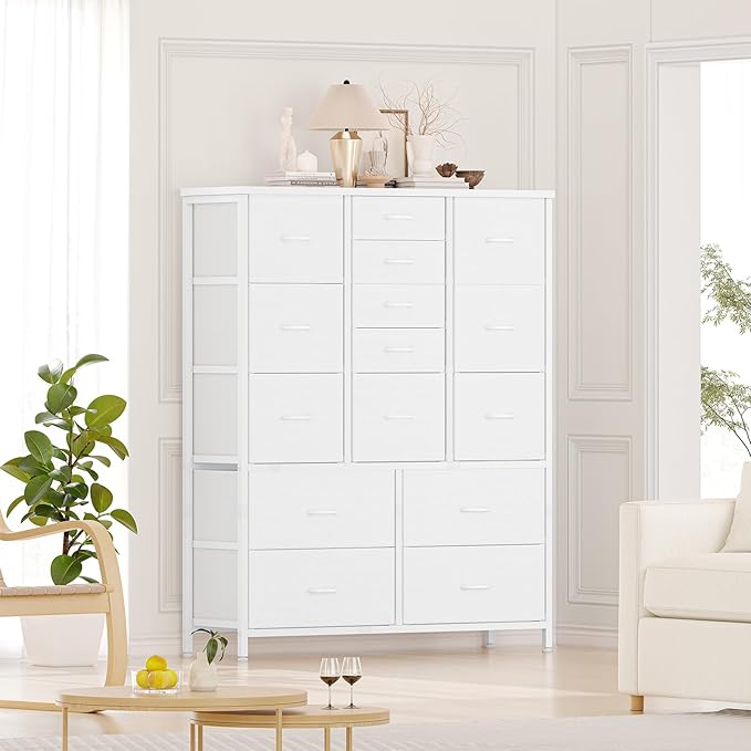 GarveeHome 15 Drawers Dressers, Chest of Drawers with Wood Tabletop, Metal Frame, Storage Organizer Unit with Fabric, Tall Dressers for Bedroom Living Room Hallway Entryway, White