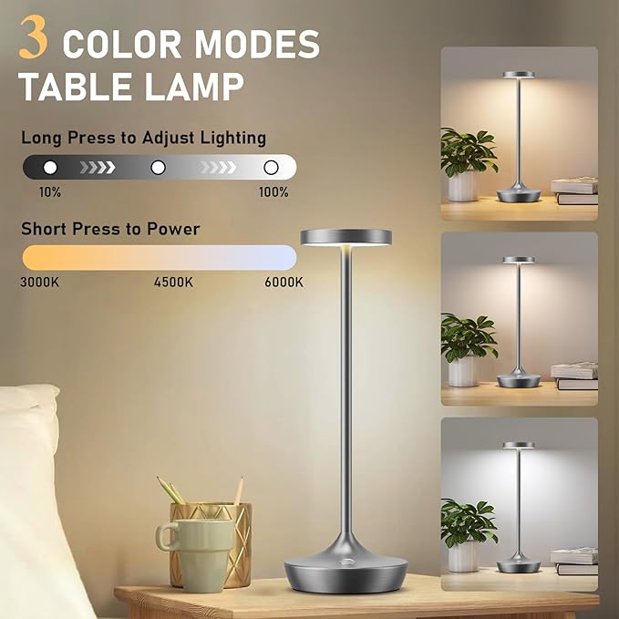 LED Cordless Table Lamp Rechargeable，Outdoor Battery Operated Desk Lamp Touch 3 Color Dimming Portable Waterproof Night Light for Patio/Restaurant/Dining/Home（Chrome