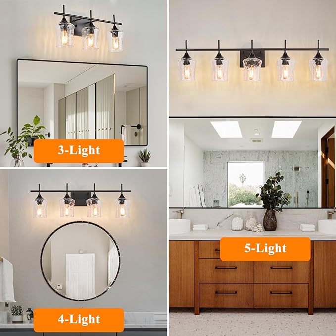 Modern Glass Vanity Light Fixture,4 Light Industrail Black Metal Vanity Light for Bathroom Bedroom Living Room