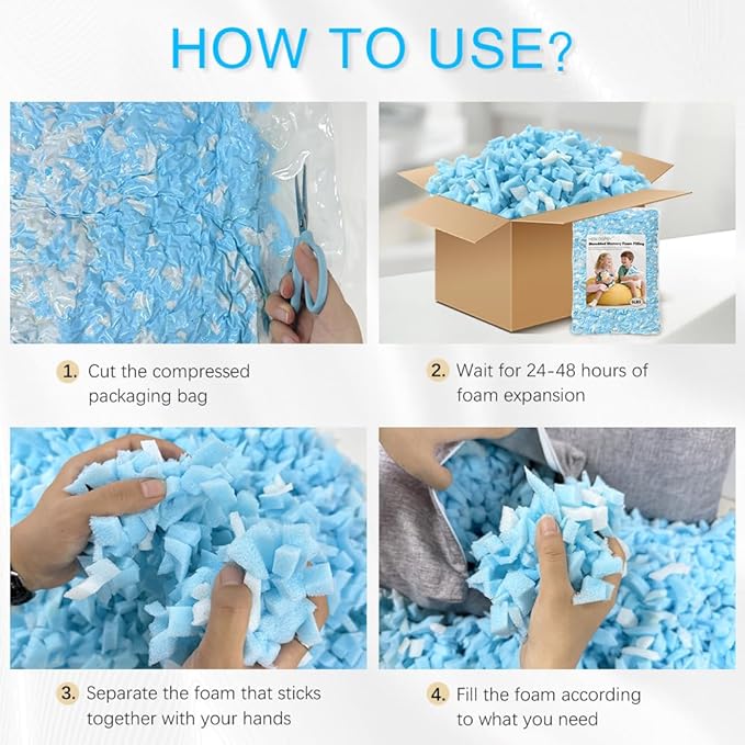 10lbs Shredded Memory Foam Filling, Blue and White Bean Bag Filler, Soft Pillow Stuffing Refill for Couch, Cushion, Dog Bed, Pouf, Arts and Crafts
