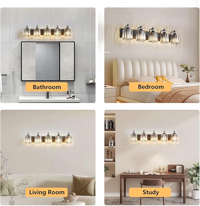 5-Light Black Bathroom Light Fixtures Over Mirror Modern Vanity Lights Crystal Wall Sconce Vintage Bathroom Lighting with Crystal Shade E26 Base for Bedroom, Living Room, Hallway