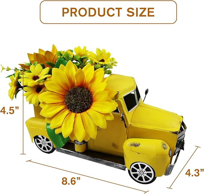 Sunflower Metal Truck with Artificial Flower Vintage Farm Pickup Farmhouse Tabletop Tiered Tray Decor, Rustic Farmhouse Decor for Table Top Decor Home Kitchen(Yellow)