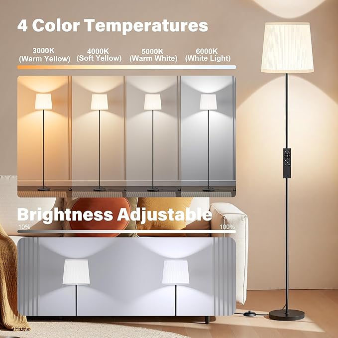 Floor Lamp with Pleated Shade, 62" LED Dimmable Standing Lamp with Remote & Foot Switch, Color Options, 9W E26 Bulb Included, Modern Reading Light for Living Room Bedroom Office Corner, Black