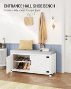 Shoe Storage Bench, 2 Tier Shoe Bench with Padded Seat Cushion & 2 Barn Doors, Entryway Bench with Adjustable Shelf, Farmhouse Shoe Cabinet for Living Room, Bedroom, White SB26603GY