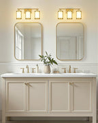 3-Light Brushed Gold Bathroom Light Fixtures with Milk Frosted Glass, 21" Modern Bathroom Vanity Lighting Fixtures Over Mirror with Metal Cage, Wall Sconce Lights for Bath, E26, OS-3014BGW-3W