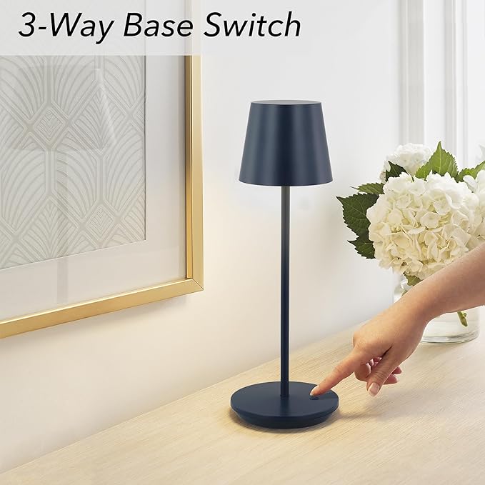 Generation Lighting Mena Accent Rechargeable Table Lamp – 14.5” Hague Blue Steel Lamp with 3-Way Base Switch, 2.4W Up/Down LED at 2700K, 260 Lumens, USB-C, Wet Rated (8000701-224)