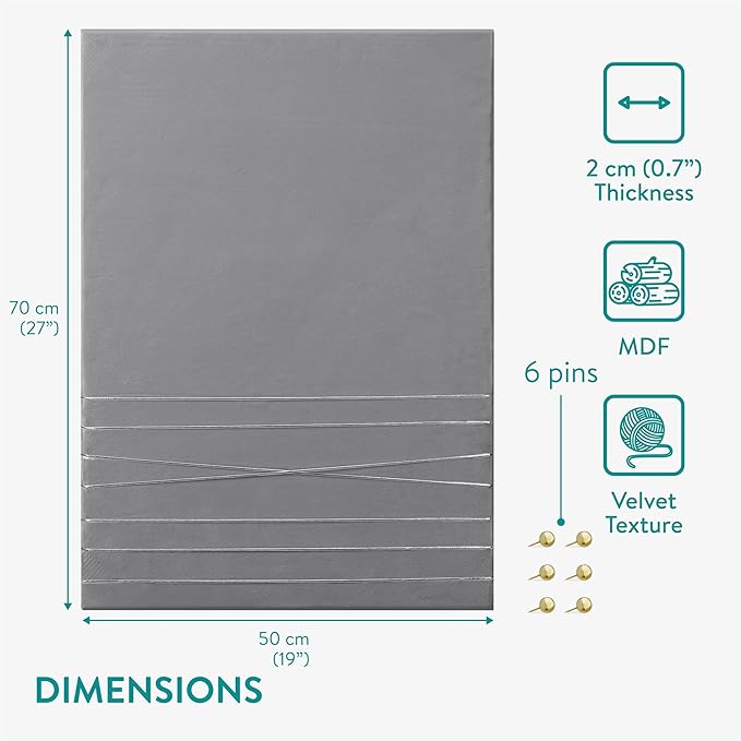 Navaris Fabric Memo Bulletin Board - 20" x 28" Velvet Memory Board for Wall to Display Photo Collages, Pictures, Notes - Includes 6 Push Pins - Gray