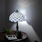 Tiffany Lamp Vintage White Grey Stained Glass Bead Table Lamp Desk Bedside Reading Light Decor Bedroom Living Room Home Office D12*H18 Inches