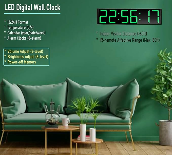 26'' Huge Digital Wall Clock, Home Gym Interval Workout Timers, with Countdown, Stopwatch, 7-Color Light, 8-Alarms, Calendar/Temperature Display, for HIIT/Tabata/FGB/EMOM (Green)