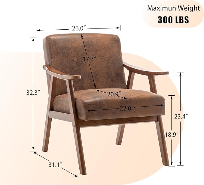KEIKI Mid-Century Modern Accent Chair with Solid Wood Frame, Comfortable Single Sofa Chair for Daily Use in Living Room or Bedroom