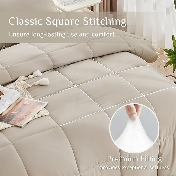JOLLYVOGUE California King Comforter Set, Ultra-Soft Bed in a Bag Cal King Size 7 Pieces, Oeko-TEX Certified Bedding Set with Down Alternative Comforter, Sheets, Pillowcases & Shams, Oatmeal