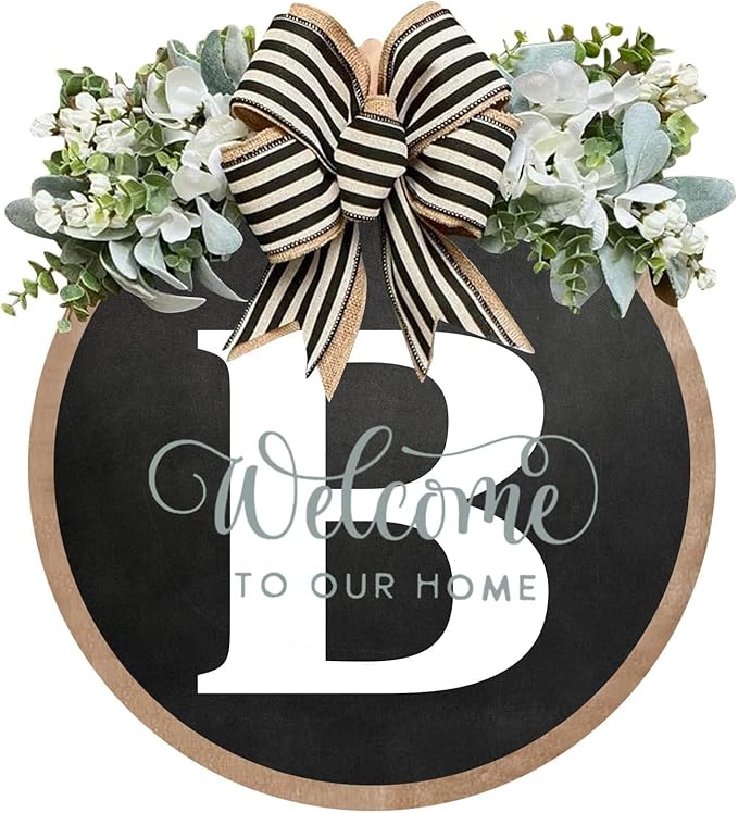 Circular Surname Front Door Welcome Sign - 26 Letter House Wreath, Front Porch Decorations, Year-Round Home Decor (B)