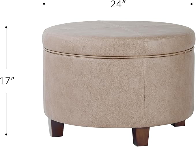 Homepop Home Decor | Upholstered Faux Leather Round Storage Ottoman | Ottoman with Storage for Living Room & Bedroom, Taupe Brown