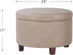 Homepop Home Decor | Upholstered Faux Leather Round Storage Ottoman | Ottoman with Storage for Living Room & Bedroom, Taupe Brown
