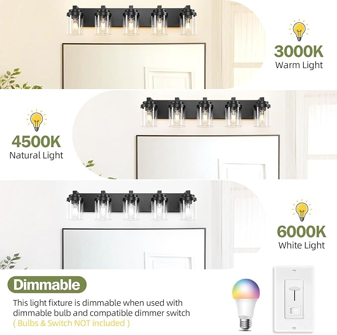 5-Light Bathroom Vanity Light Bathroom Light Fixtures Over Mirror, 31" Black Vanity Lights with Glass Shade, Modern Wall Sconce for Cabinet Porch Bedroom, Hallway E26