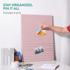 Navaris Fabric Memo Bulletin Board - 12" x 17" Velvet Memory Board for Wall to Display Photo Collages, Pictures, Notes - Includes 6 Push Pins - Pink