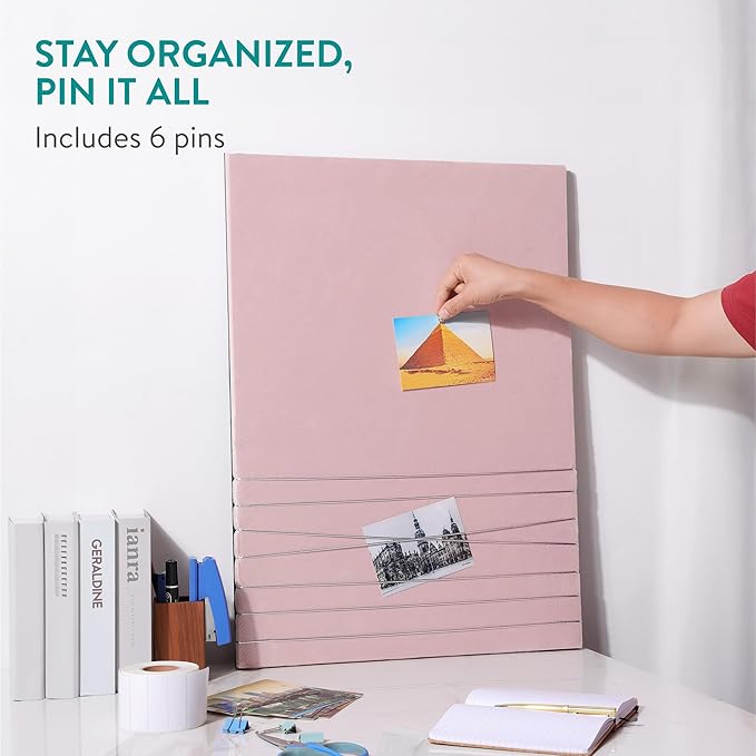 Navaris Fabric Memo Bulletin Board - 12" x 17" Velvet Memory Board for Wall to Display Photo Collages, Pictures, Notes - Includes 6 Push Pins - Pink