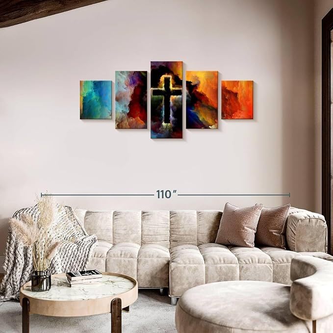Elephant Stock Colorful Cross Wall Art Multi Piece Canvas - 5 Panel Christian Pictures Decor - Digital Design Canvas Print - Christian Wall Decor - 74" X 34"