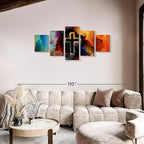 Elephant Stock Colorful Cross Wall Art Multi Piece Canvas - 5 Panel Christian Pictures Decor - Digital Design Canvas Print - Christian Wall Decor - 74" X 34"