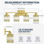 Crystal Modern Bathroom Light Fixtures, 4-Light Brushed Gold Bathroom Vanity Wall Light, Vanity Lights for Mirror, Restroom, Bedroom (E26 Socket, Bulbs Not Included)
