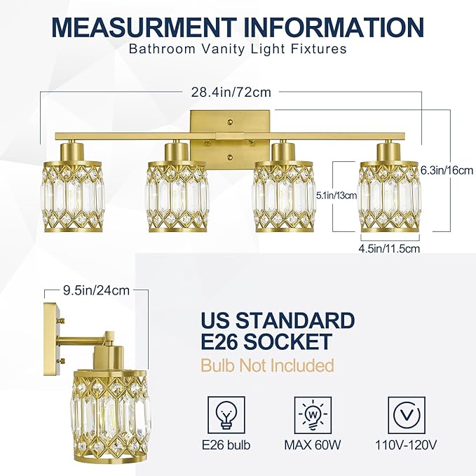 Crystal Modern Bathroom Light Fixtures, 4-Light Brushed Gold Bathroom Vanity Wall Light, Vanity Lights for Mirror, Restroom, Bedroom (E26 Socket, Bulbs Not Included)
