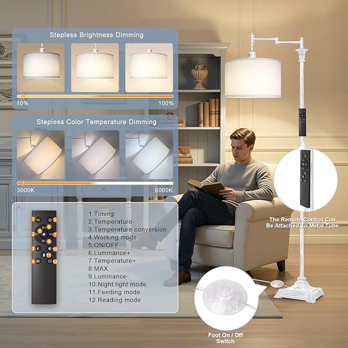 Scenekoy Rustic 68″ Tall Floor Lamp for Living Room Bedroom, Washed Blue Finish, Remote Control, 350º Adjustable Swing Arm, Smart LED Standing Lamp with Linen Shade, Decor for House Home Office